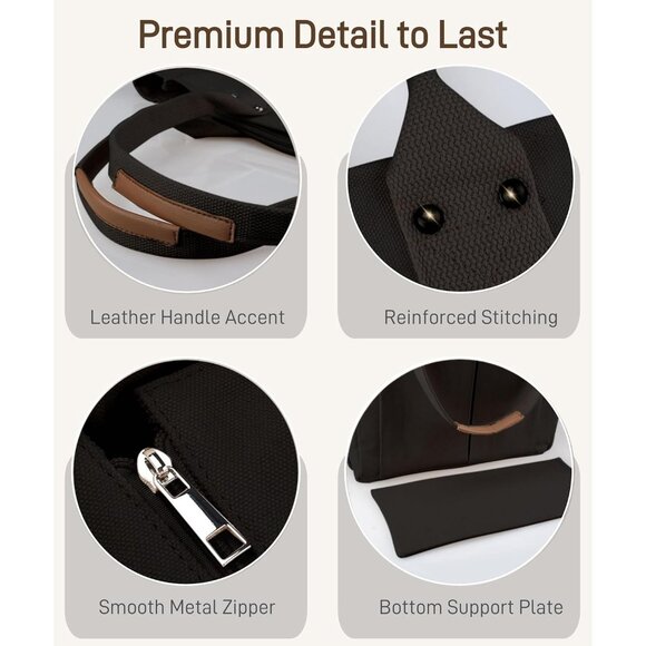 Women Black Large Utility Premium Canvas Tote Bags with Pockets Zip Top - Picture 5 of 8